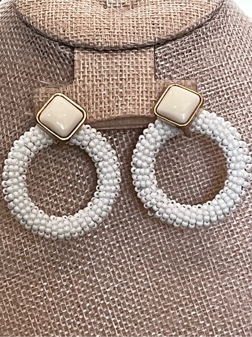 80s Vtg White Beaded Hoop Drop Earrings - Estate
